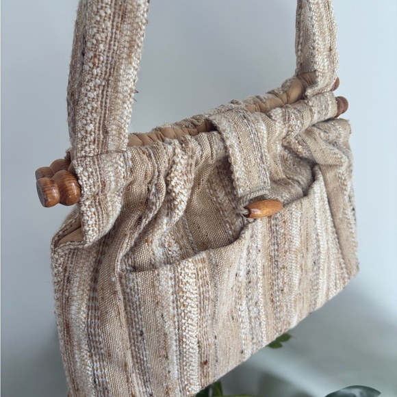 Vintage Handmade Tweed‎ Wool Wood Tote Shoulder Bag - Picture 3 of 16